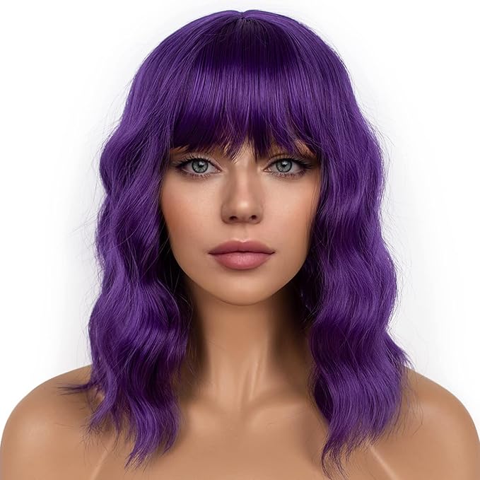 Dark Purple Short Bob Wigs with Bangs for Women Loose Wavy Wig Curly Wavy Shoulder Length Bob Synthetic Cosplay Wig for Girl Colorful Costume Wigs