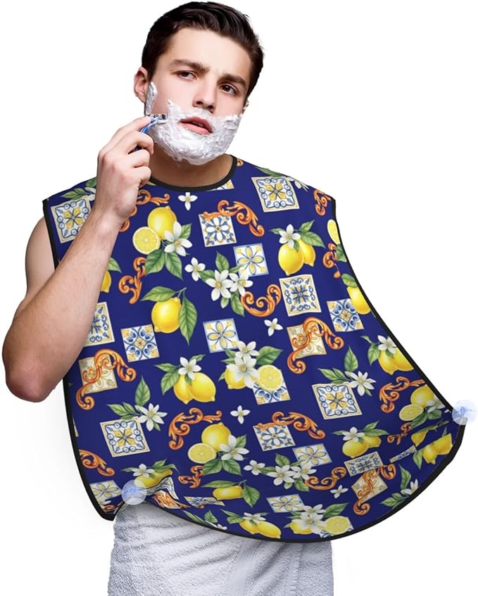 No-Slip Shaving Bib, Beard Grooming Apron with Strong Suction Cups, Blue Watercolor Lemon Tree Leaf Flowers Floral