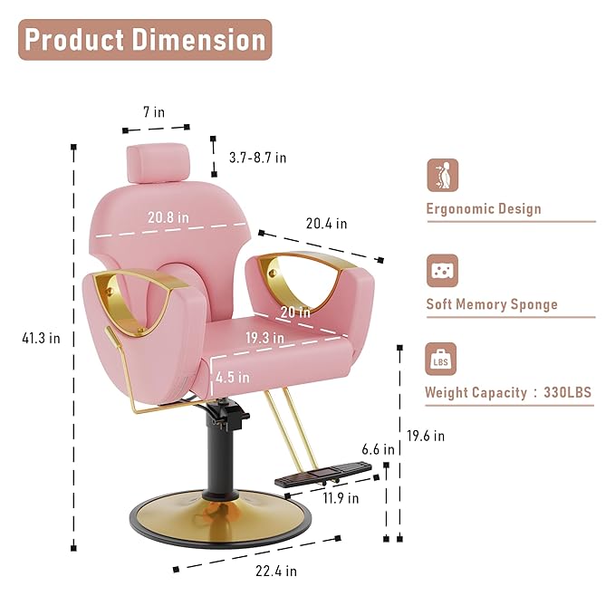 Barber Chair for Hair Stylist, Height Adjustable Hydraulic Hair Reclining Salon Chair, 360 Degrees Rotation, Multi-Function Shampoo Chair for Salon Barbershop (Modern Pink)
