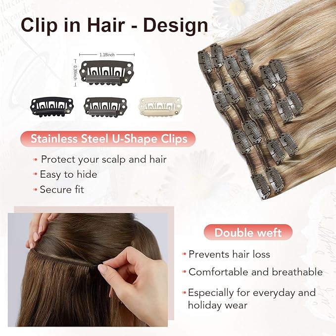 XDhair Human Hair Clip in Extensions 120g 20 Inch Balayage Blonde Human Hair Extensions Clips ins Golden Brown to Light Blonde Clip in Hair Extensions for Women #10/27/27 20 Inch