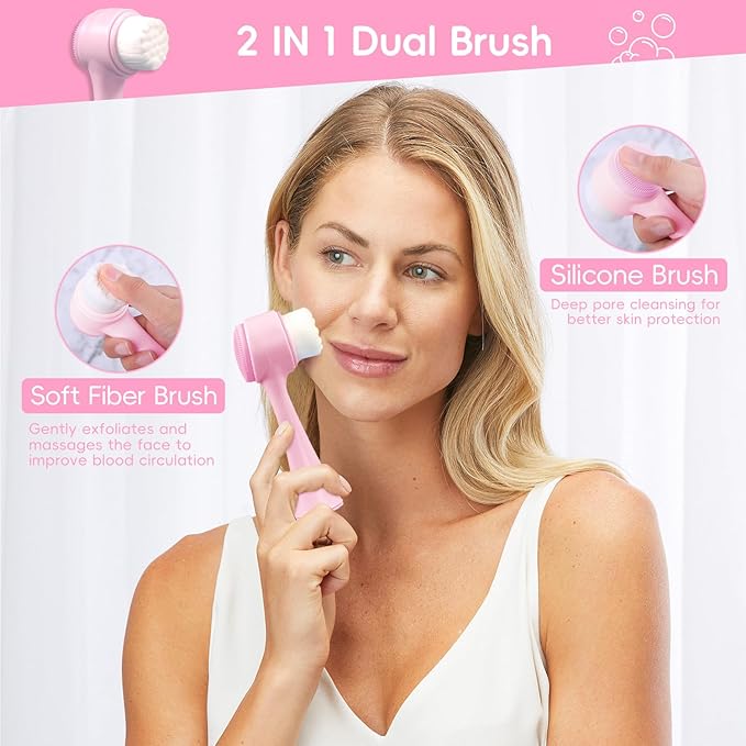 Spa Headband for Washing Face, Skincare headband and wristband set, Facial Cleansing Brush, 2-in-1 Skin Care face Brush, Come with a Hair Scrunchie, For Massaging Makeup Skincare -Pink