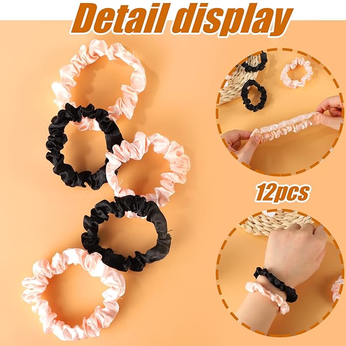 12Pcs Satin Elastic Hair Scrunchies, Silk Satin Hair Ties Elastics Ponytail Holders for Women Girls Valentine's Day Gifts (Blush,Black)