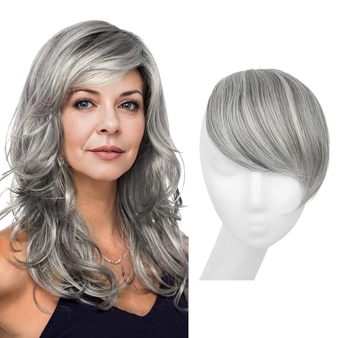 SARLA Clip in Side Bangs Extension Straight Synthetic Fake Bangs One Piece for Women Grey Multi