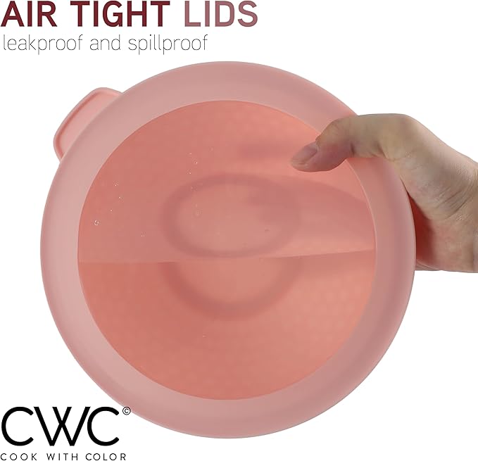 COOK WITH COLOR Mixing Bowls with Lids - 12 Piece Plastic Nesting Bowls Set includes 6 Prep Bowls and 6 Lids, Non Slip Bottom and Embossed Design - Microwave Safe (Rose)