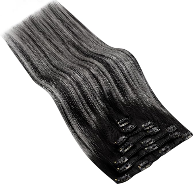 Ve Sunny Clip in Hair Extensions Real Human Hair Ombre Hair Clip in Extensions Ombre Black Roots to Grey Balayage Human Hair Extensions Clip ins Short Straight Remy Hair 80g 5pcs 12inch