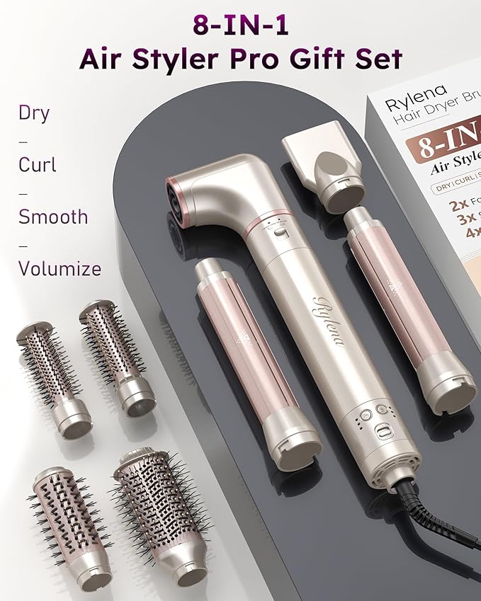 Deluxe 8-in-1 Air Styler Pro 2025 by Rylena, Hair Dryer Brush for Fast Drying, Auto Curling, Smoothing&Volumizing, 8 Attachable Heads, 110,000 RPM High-Speed Multi Styler, 600M Ionic Care, Stone