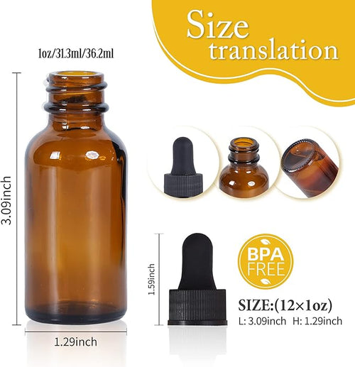 1 oz Dropper Bottle 12 Pack Amber Glass Boston Bottles 30ml with Eye Droppers Black Caps for Essential Oils, Perfume, Leak Proof Travel Bottles for Liquids