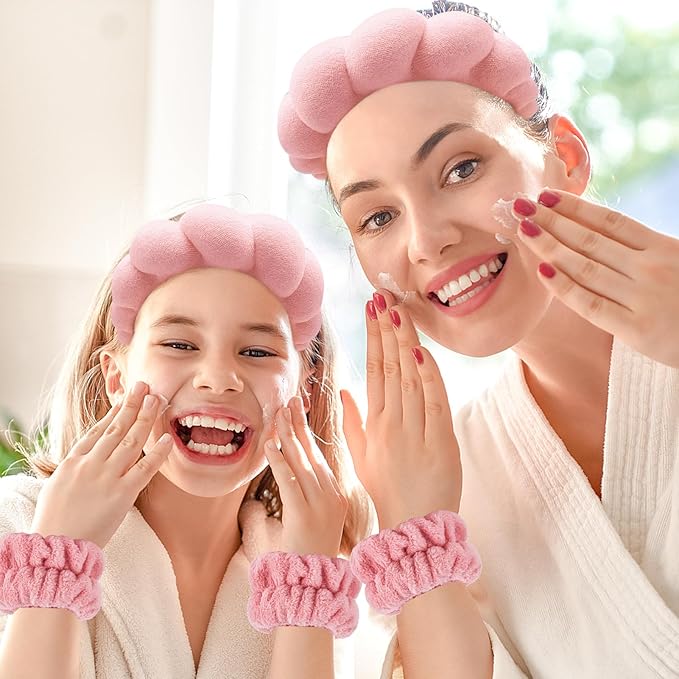 Zkptops Spa Headband for Washing Face Wristband Set Sponge Makeup Skincare Terry Cloth Bubble Soft Get Ready Hairband for Women Girl Puffy Padded Headwear Non Slip Thick Hair Accessory(Orange Pink-2)