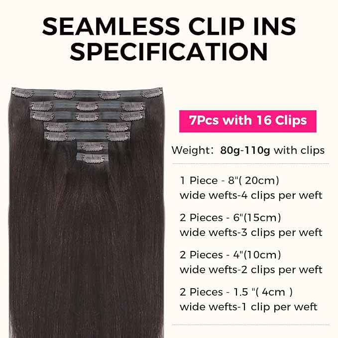 Lashey Seamless Clip in Hair Extensions Real Human Hair, #2 Dark Brown Straight 110g 7pcs 22 Inch Soft Long Hair Extensions with 100% Real Human Hair for Black Women