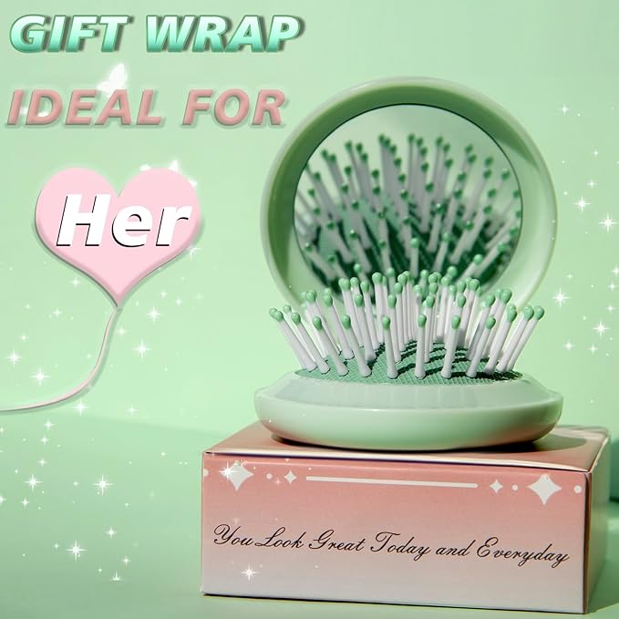 Travel Hair Brush and Mirror Como, Compact Mirror with Mini Hair Brush Set, Folding Hairbrush for Women, Small Hair Comb with Mirror for Purse, Round Green 1 Pack and Peach Green 1 Pack