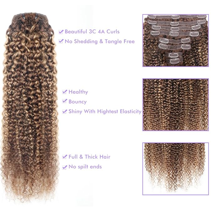 Curly Clip In Hair Extensions Real Human Hair Clip Ins Balayage Chocolate Brown to Caramel Blonde Human Hair Extensions 8Pcs with18clips 120g/Set (26 inch，#4/27/4)