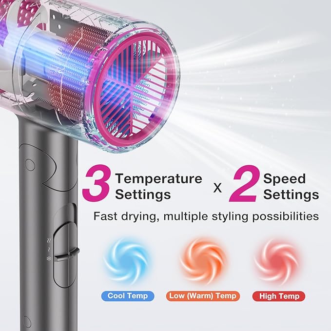 Ionic Hair Dryer, 1875W Fast Drying Blow Dryer with Diffuser and Concentrator Nozzle, Foldable Design, Negative Ion Hairdryer, 3 Heat 2 Speed Settings, Lightweight for Home & Travel, Gray