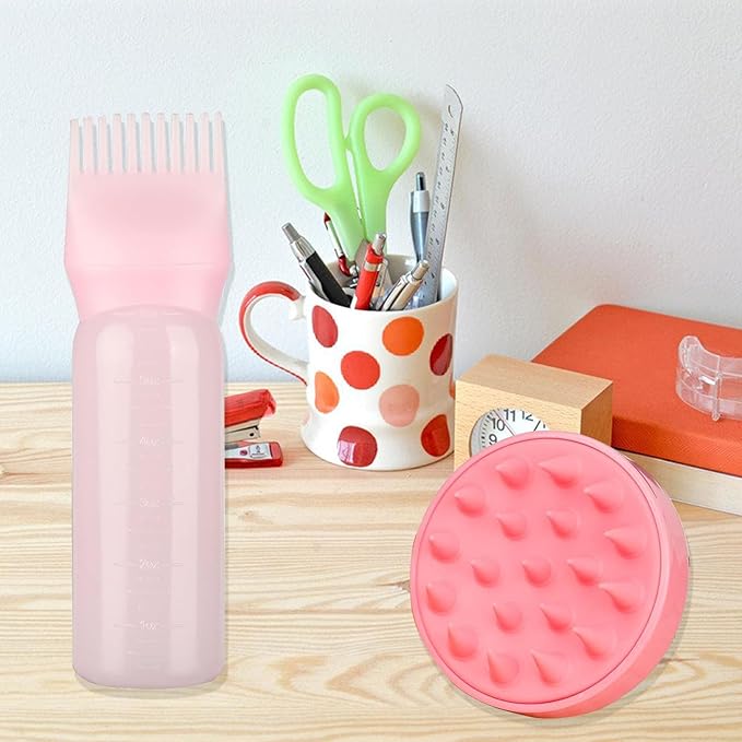 2 Piece Hair Oil Applicator Set, Root Comb Applicator Bottles and Hair Massage Brush, Hair Dye Brush Bottle Root Comb Applicator Hair Dye Comb and Head Massage Brush Hair Oil Applicator Bottle
