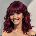 Nnzes Bob Curly Wig Synthetic Short Wine Red Wig with Bangs Natural Looking Heat Resistant Fiber Hair for Women