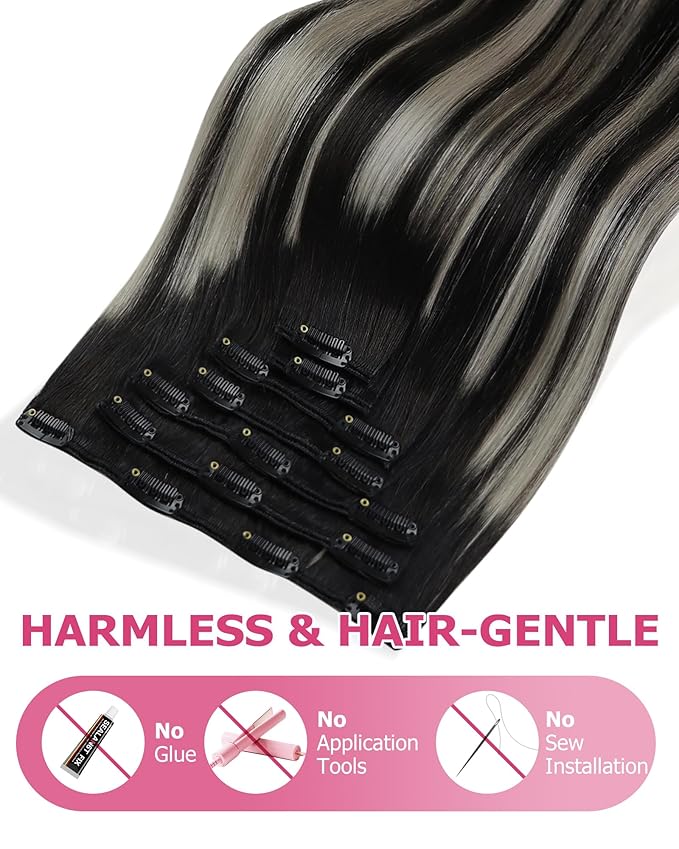YoungSee Balayage Clip in Hair Extensions Black Silver Clip in Human Hair Extensions Ombre Black Mix Silver Clip in Hair Extensions Real Human Hair for Women 24inch 7Pcs 120G