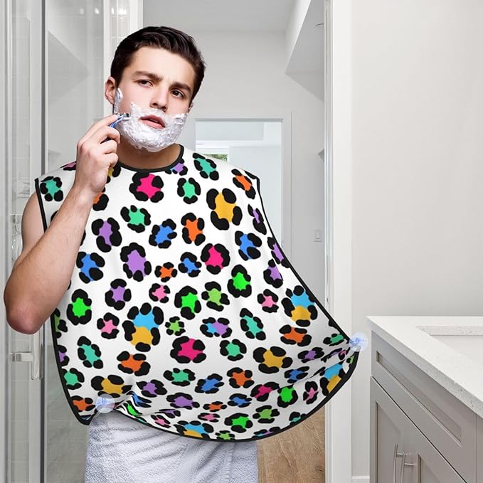 Waterproof Beard Trimming Bib, Non-Stick Hair Catcher for Men Shaving, Grooming Apron for Husband Dad, Colorful Cheetah Leopard Print Shave Bib