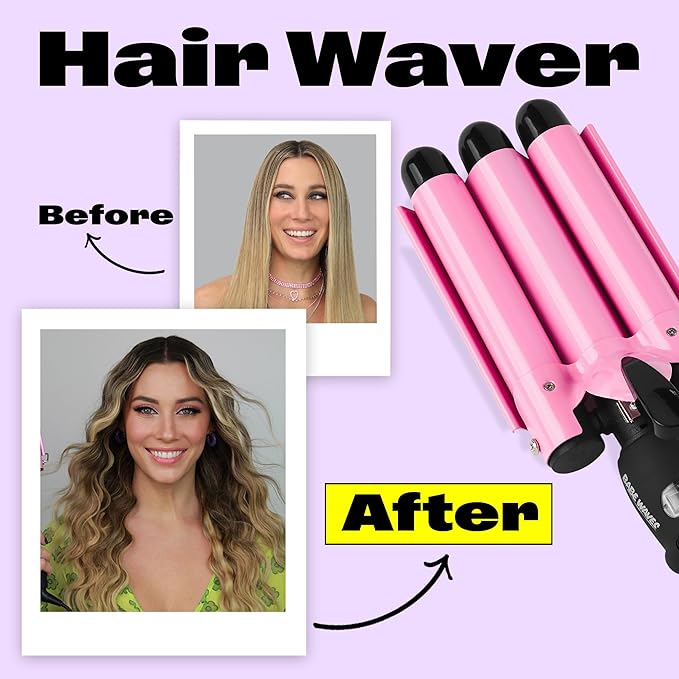 Trademark Beauty Three Barrel Hair Waver, Curling Iron, 1 Inch, Beach Waves, Quick Heat, Babe Waves Original, Adjustable Temperature Hair Curler - Pink