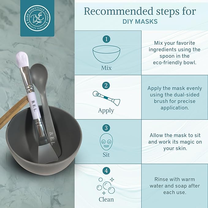 Bare Essentials Living - Clay Face Mask Mixing Bowl Set, Skin Care Kit Facial Bowls with Bamboo Lid, Face Mask Spoon, & Dual Sided Face Mask Brush Applicator for DIY Clay Mask, Facials & Hair (White)