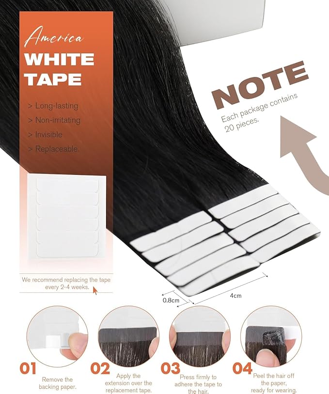 Sunny Hair Tape in Hair Extensions Human Hair 16inch Hair Extensions Real Human Hair Tape in Extensions for Women Jet Black Invisible Remy Hair Natural Straight Skin Weft Double Sided Tapes 20Pcs 50g