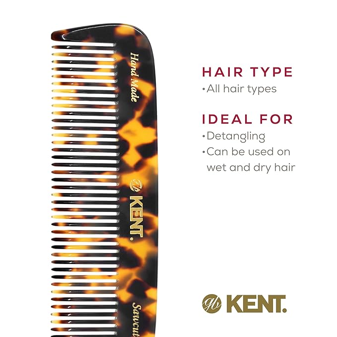 Kent 12T TY Wide Tooth Detangling Comb - Handmade Pocket Comb for Thick, Curly, and Wavy Hair, Grooming Beard and Mustache - Saw-Cut