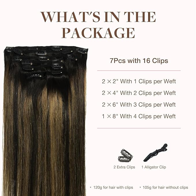 GOO GOO Clip in Hair Extensions Real Human Hair, Remy Human Hair Extensions Clip ins for Women, Natural Human Hair, 18inch 120g 7Pcs, 1B/6/1B Balayage Natural Black to Chestnut Brown