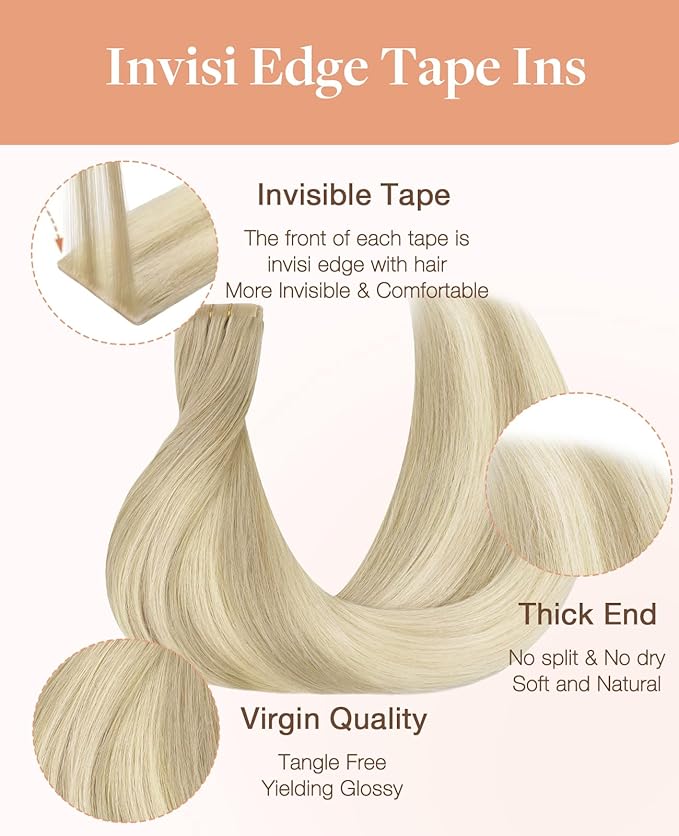 GOO GOO Invisi Edge Tape in Hair Extensions Human Hair, 18ET90A Natural Blonde Balayage 20pcs 22inch 50g, Virgin Remy Hair, Seamless Injected Tape, Natural Look