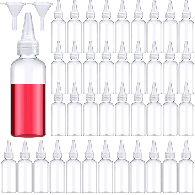 Eccliy 60 Pieces 2 oz 60 ml Plastic Bottles Applicator with Twist Top Cap Pet Refillable Plastic Empty Applicator Bottle for Hair with Clear Twist Top Cap for Hair Oils and Liquids