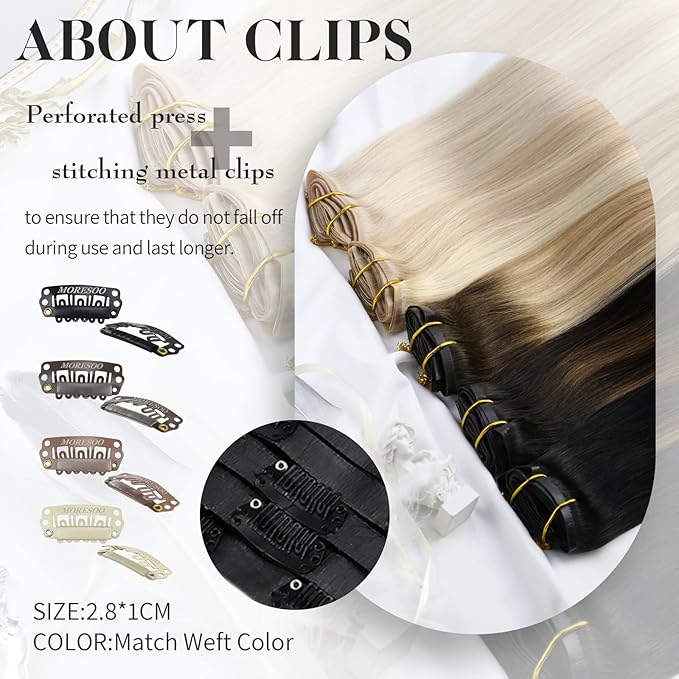 Moresoo Seamless Hair Extensions Clip in Black Clip in Extensions Real Human Hair Black Natural #1B Pure Skin Invisible for Women Long 120g/7pcs 16in