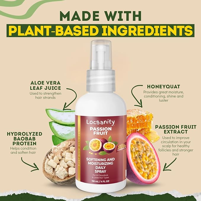 Locsanity Daily Moisturizing Spray for Dull, Dry Locs – Trial Size Passion Fruit Hair and Scalp Moisturizer for Dreadlocks, Sisterlocks, Microlocks, Braids to Control Oil and Frizz (4 fl oz)