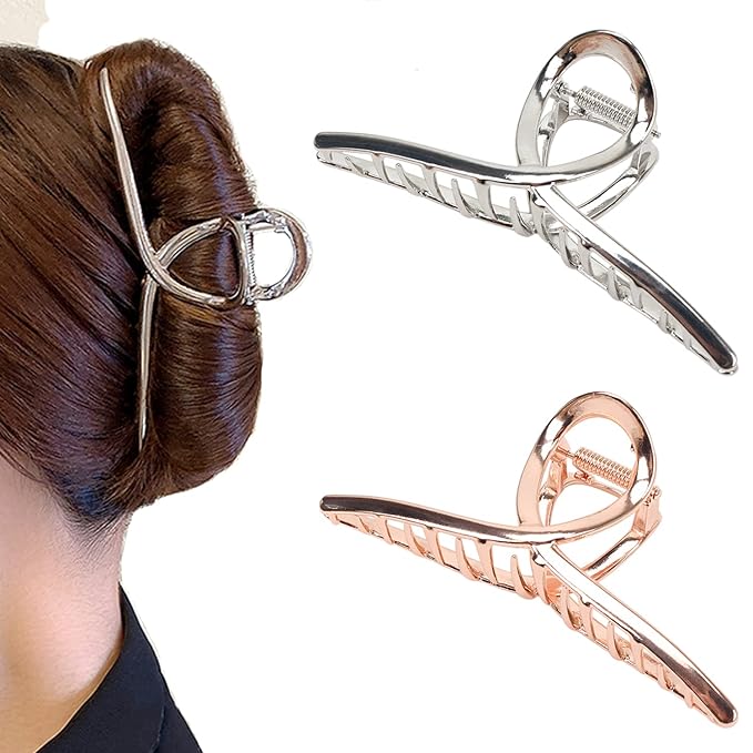 2Pack Glossy Metal Hair Claw Clips No Slip Hair Clamps for Thin and Thick Hair Accessoriesas Gift for Women Girlfriend (2pcs/box,Glossy Rose Gold & Silver)