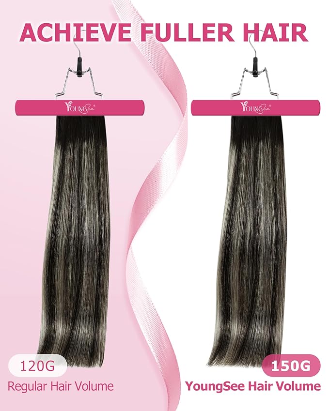 YoungSee Balayage Clip in Hair Extensions Black Silver Clip in Human Hair Extensions Ombre Black Mix Silver Clip in Hair Extensions Real Human Hair for Women 24inch 7Pcs 120G