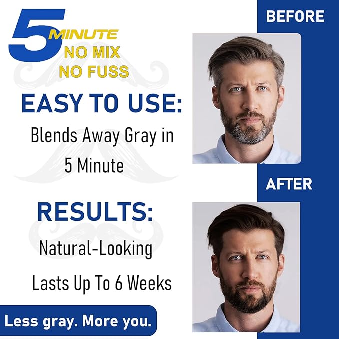 Men's Long-Lasting Black Hair Dye & Root Touch Up for Gray Coverage - 5 Minute Natural Beard & Mustache Coloring Shampoo 3-in-1