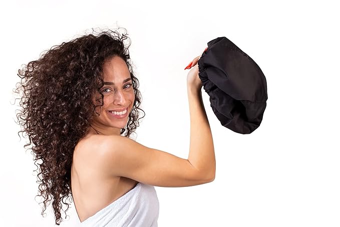 2 Premium Shower Cap for Women - 500+ Showers, 100% Waterproof, Double-Sided, For Long Hair & Great For Curls (Anti-Frizz) (Black & Purple)