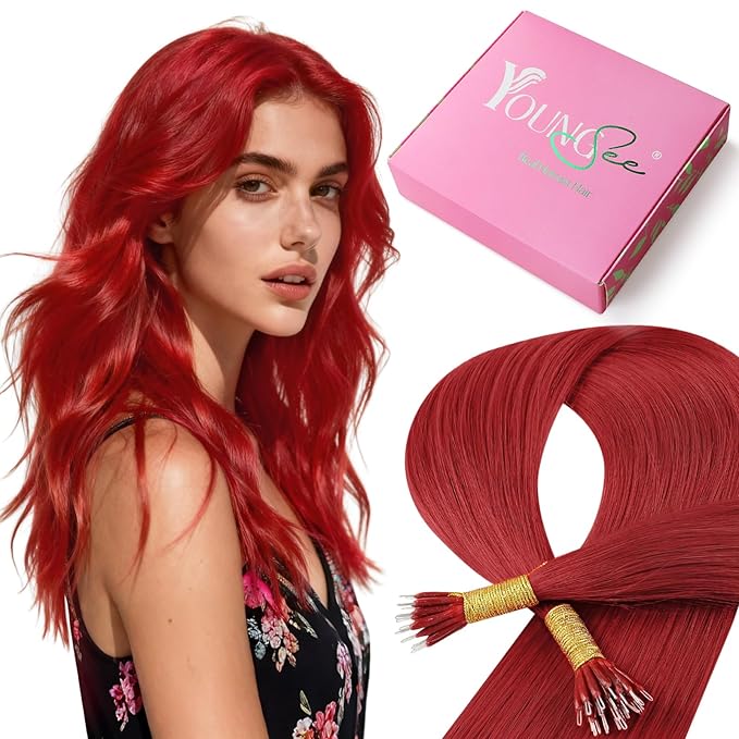 YoungSee Nano Ring Hair Extensions Red Nano Bead Hair Extensions Human Hair Colored Nanobead Human Hair Extensions Red Nano Extension Remy Hair Nano Loop Hair-Extension Cold Fusion 14in 25g 25s