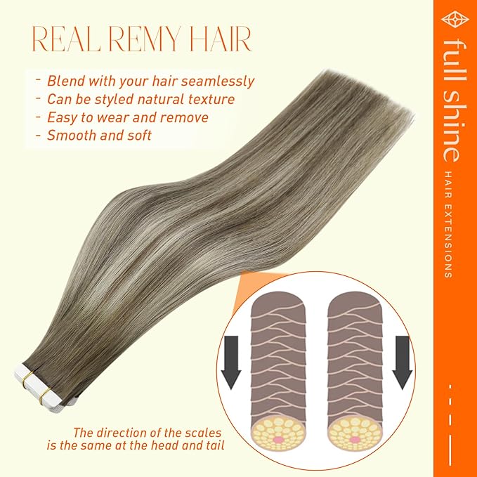 Full Shine Real Hair Extensions Tape in 14 Inch Balayage Brown Ombre Ice Blonde 7/1000/7 Invisible Tape in Hair Extensions Double Sided Tape Soft Natural Hair Extensions 20 Pcs 50G