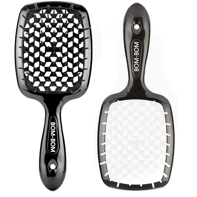 BOM BOM 2 Unit Kit, Wet And Dry Vented Detangling Hair Brush For All Hair Types, Light Weight Hairbrush, Scalp Massage Brush (Black white)