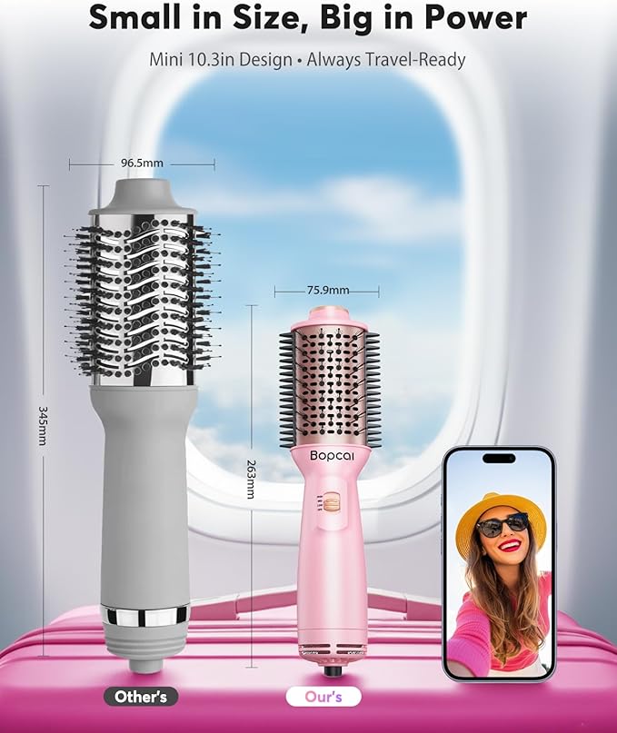 Dual Voltage Travel Blow Dryer Brush, Mini Hair Dryer Brush with Auto 100–240V, EU/UK Plug Ready, 4-in-1 Compact Hot Air Brush Lightweight, Ionic for Smooth & Voluminous Hair Anywhere