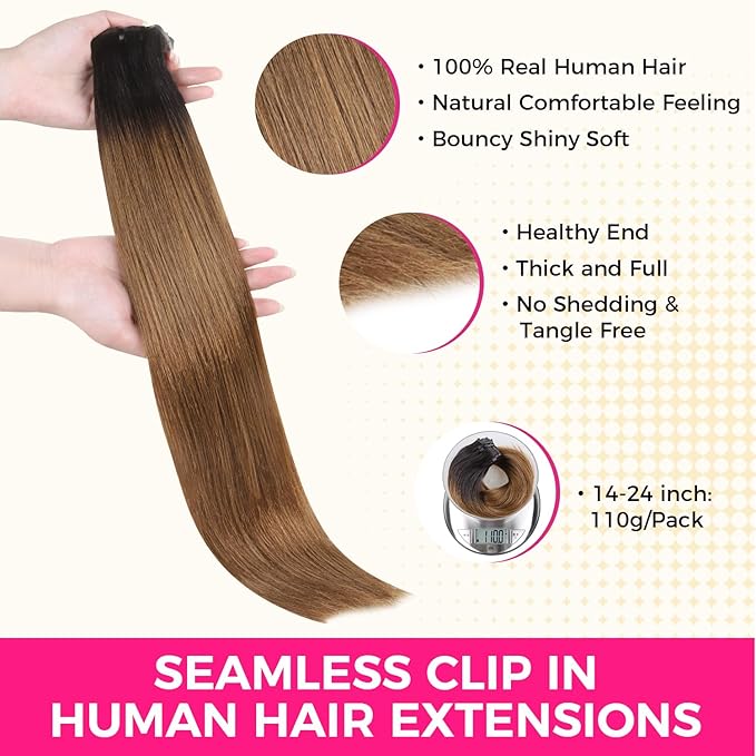 Lashey Seamless Clip in Hair Extensions Human Hair 110g 7pcs Light Yaki Straight 18 Inch Ombre Natural Black to Medium Auburn Real Human Hair