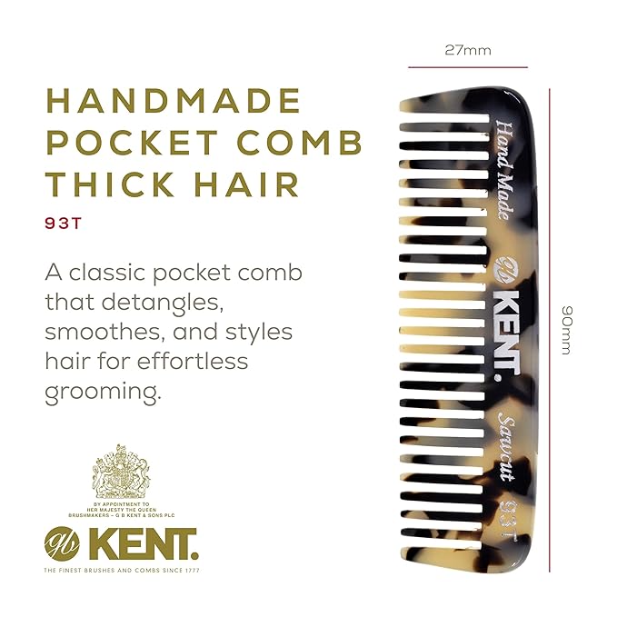 Kent 93T White Tokyo Wide Tooth Small Comb for Men's Mustache and Beard Grooming, Pocket Sized Detangler Travel Comb, Saw-Cut and Polished, Handmade in England