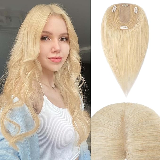 Rich Choices Hair Toppers for Women Real Human Hair 100% Human Remy Toppers NO Bangs for Women with Thinning on Top Clip in Hairpiece 4"x4.7"Lace Base 16 Inch #613 Bleach Blonde