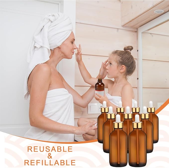Dandat 50 Pack 4 oz Glass Dropper Bottles Leakproof 120 ml Glass Tincture Bottles with Eye Droppers, 4 Funnels, 54 Labels for Essential Oil Perfumes Hair Oil(Dark Brown)