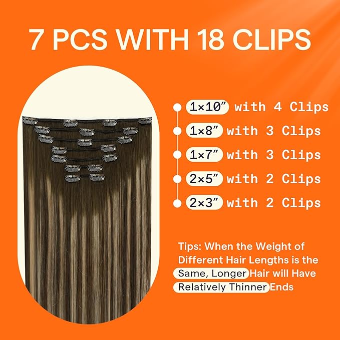 Full Shine Human Hair Clip in Extensions Brown Hair Extensions Clip in Human Hair 18 Inch Medium Brown Ombre Caramel Blonde Invisible Hairpiece for Long Straight Hair 7 Pcs 120 G
