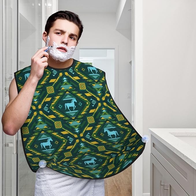Beard Shaving Cape with Suction Cups, Teal Green Native American Tribal Ethnic Western Horse Shave Bib, Non-Stick Waterproof Hair Catcher, Grooming Bib for Men Husband