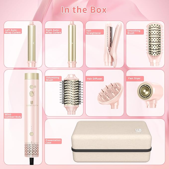 Hair Dryer Brush 8-in-1 Dual Voltage Hot Air Styler – Fast-Drying 110,000 RPM Ionic Blow Dryer with Straightener & Curler Attachments, Frizz-Free Volumizing Styler with Protective Hard Case-Pink