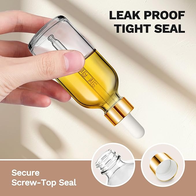 Bumobum 2 Pack, 2 oz Golden Cap Clear Glass Eye Dropper Bottle with Labels and Funnel, Leakproof Tincture Bottle with Measured Dropper for Essential Oils Bottles