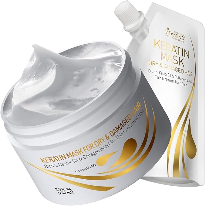 VITAMINS hair cosmetics Keratin Hair Mask Deep Conditioner Value Pack - Protein Repair Boost for Dry Damaged and Color Treated Hair - Pro Conditioning Treatments (Travel and Standard Size)