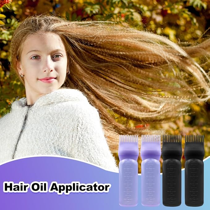 ELANE 4 Pack Hair Oiler Comb Bottle,Root Comb Applicator Bottle for Hair Oil Scalp Hair Oiling Applicator(2Black+2Purple)
