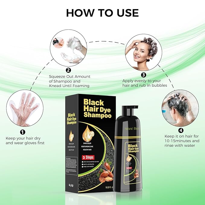 Black Hair Dye Shampoo for Woman & Man, Argan Hair Color Shampoo 3 in 1, Semi-Permanent Gray Hair Coverage, Mild Formula, Lasts 30 Days(16.90 oz)