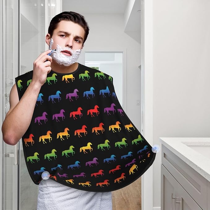 Waterproof Beard Grooming Bib, Rainbow Horse Black Shave Bib, Non-Stick Hair Catcher for Shaving Trimming, Apron Essential for Men Dad