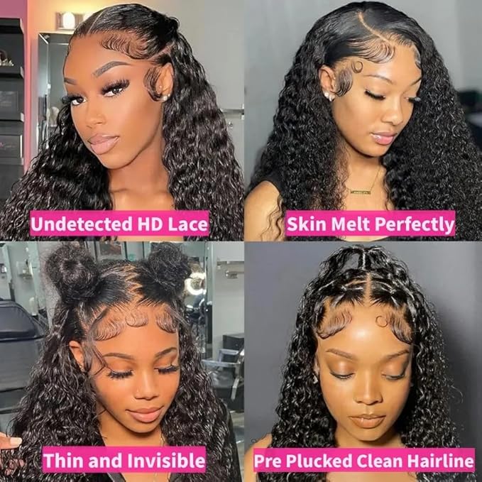 VIPbeauty 13x6 Deep Wave Lace Front Wigs Human Hair 200 Density 28 Inch Curly Wig for Women Natural Black HD Transparent Lace Glueless Frontal Wigs Human Hair Pre Plucked with Baby Hair